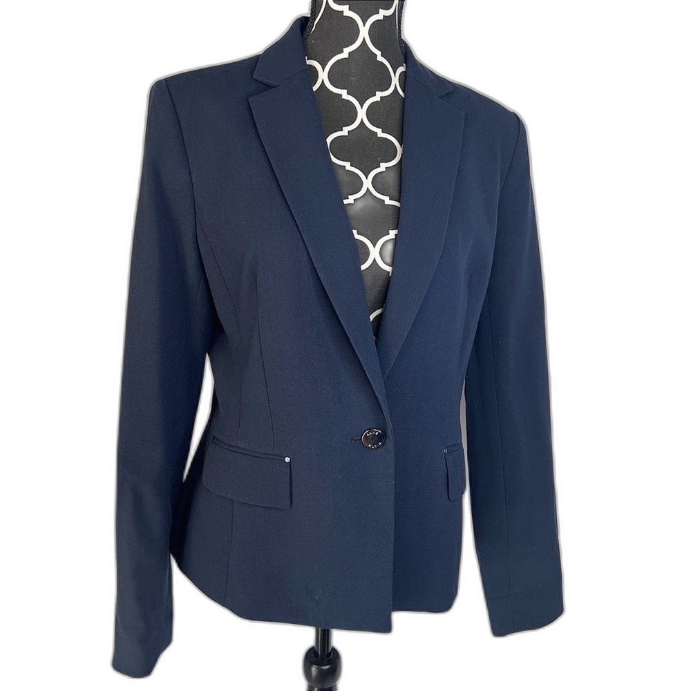 Anne Klein Classic Single Breasted Blazer Size 10 Navy Blue Neutral Career Basic